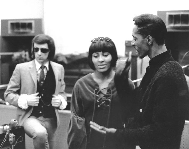 Spector stands behind Ike and Tina Turner at Gold Star Studios in Los Angeles in 1966.