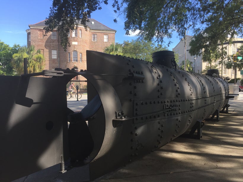 The world’s first successful submarine attack took place in Charleston harbor. A replica of the Hunley is at the Charleston M