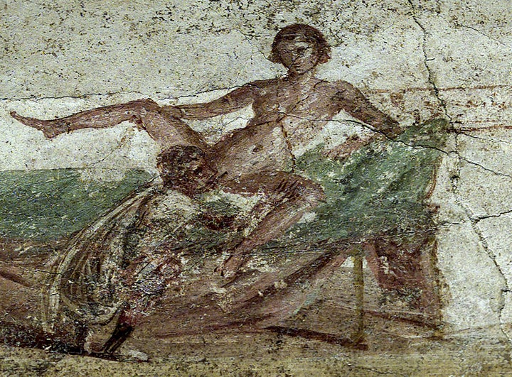 A restored erotica fresco is seen in the newly restored public bath in the ancient Roman city of Pompeii November 14, 2001. 