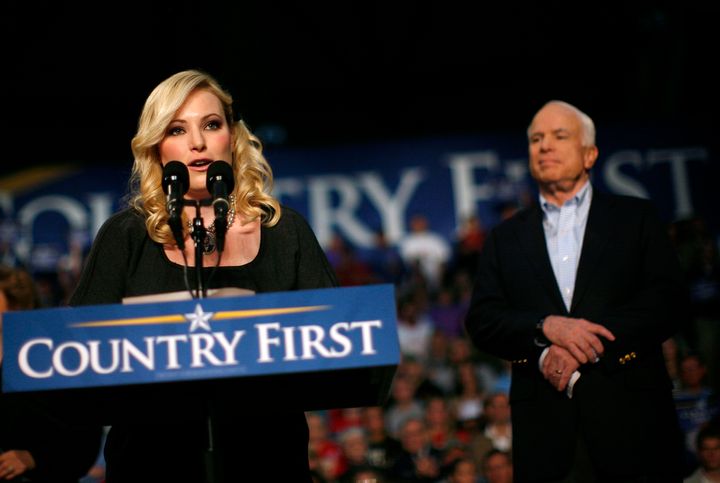 Meghan McCain introduces her father, then-Republican presidential nominee John McCain, during an Ohio rally in 2008.