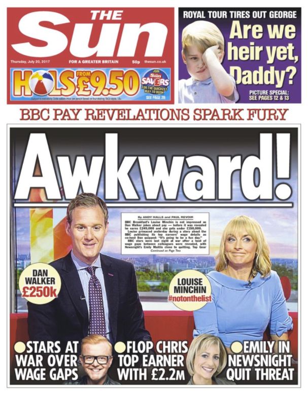The Sun's front page on Thursday focused on the BBC Breakfast team's pay