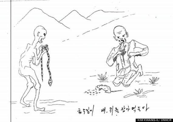 Harrowing sketches depicting torture, starvation and death in a North Korean prison were published in a UN report into human rights abuses in 2014