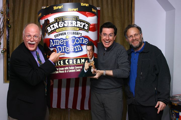 Stephen Colbert with Bennett Cohen and Jerry Greenfield in 2007.
