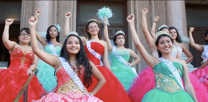 A group of girls staging a rally outside of the Texas capitol called “Quinceañera at the Capitol." 