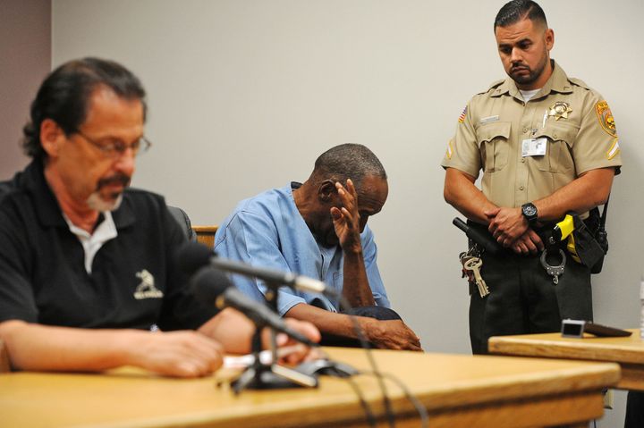 O.J. Simpson reacts during his parole hearing at Lovelock Correctional Centre in Lovelock, Nevada.