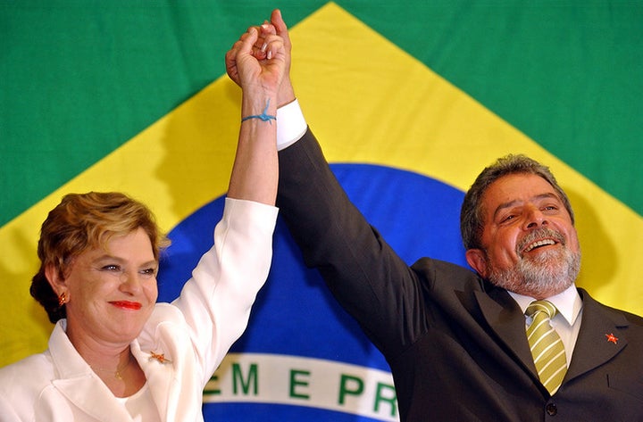 Lula celebrates with his wife after finally winning the presidency in 2002.