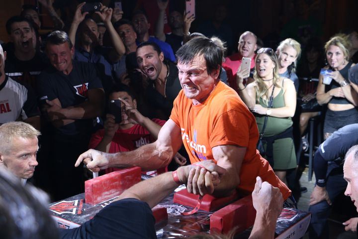 Devon Larratt of Canada competes in the left hand heavyweight category (196-225 pounds) at the 2017 World Armwrestling League Championships, held on June 29, 2017, in Las Vegas. He successfully defended his 2016 titles in both the left and the right hands.