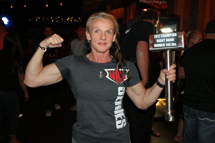 Michelle Dougan, of Syracuse, New York, won first place in the right hand middleweight category (129-148 pounds) at the 2017 World Armwrestling League Championships, held on June 29, 2017, in Las Vegas.
