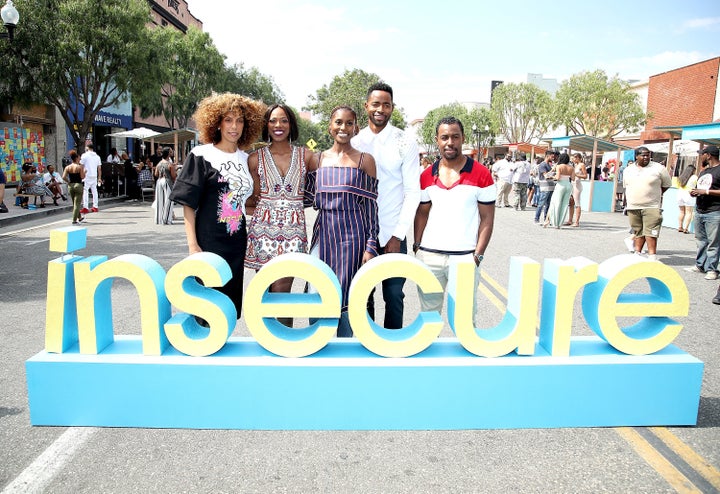 Director Melina Matsoukas, Yvonne Orji, executive producer and star Issa Rae, Jay Ellis and Executive producer Prentice Penny attend a block party celebrating HBO's new season of 'Insecure' on July 15, 2017 in Inglewood, California.