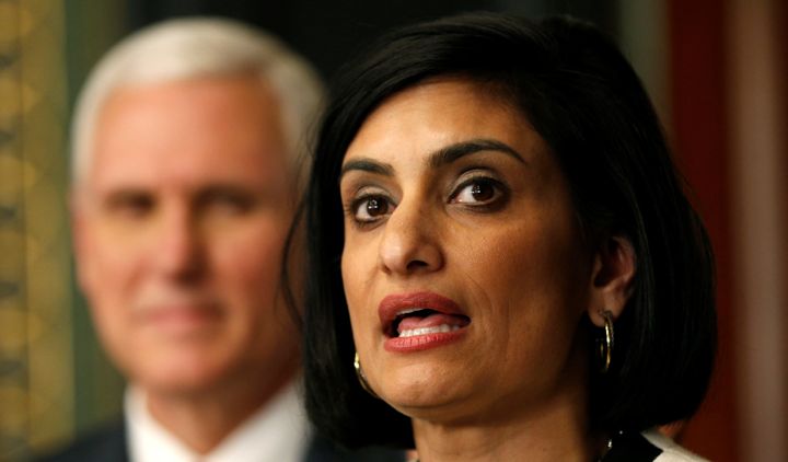 Administrator of the Centers for Medicare and Medicaid Services Seema Verma speaks after being sworn in by U.S. Vice President Mike Pence (left) in Washington, D.C., on March 14, 2017.