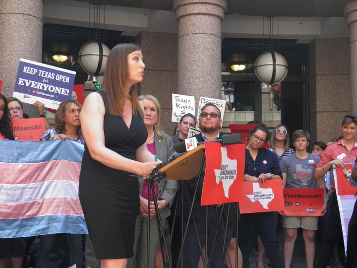 Transgender activist and San Antonio architect Ashley Smith speaks at a rally against the so-called “bathroom bill&rdqu
