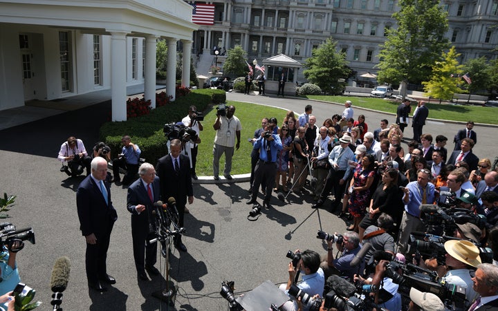 Republican leaders, from left, John Cornyn of Texas, Mitch McConnell of Kentucky and John Thune of South Dakota address the media after a lunch meeting on health care with President Donald Trump at the White House on Thursday.