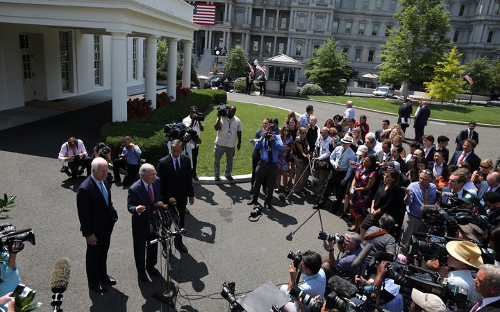 Republican leaders, from left, John Cornyn of Texas, Mitch McConnell of Kentucky and John Thune of South Dakota address the media after a lunch meeting on health care with President Donald Trump at the White House on Thursday. 