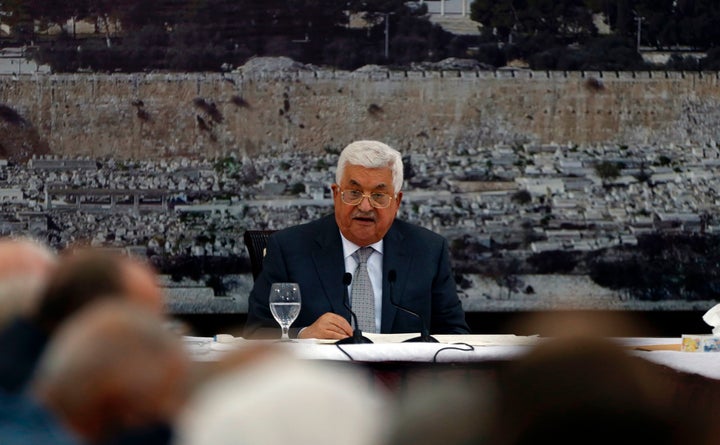 Palestinian president Mahmoud Abbas gives a speech during a meeting of Palestinian leadership in the West Bank city of Ramallah on July 21, 2017, during which he announced freezing contacts with Israel over new security measures the highly sensitive Jerusalem holy site of Al-Aqsa mosque compound, known to Jews as the Temple Mount, after deadly clashes erupted earlier the same day. 