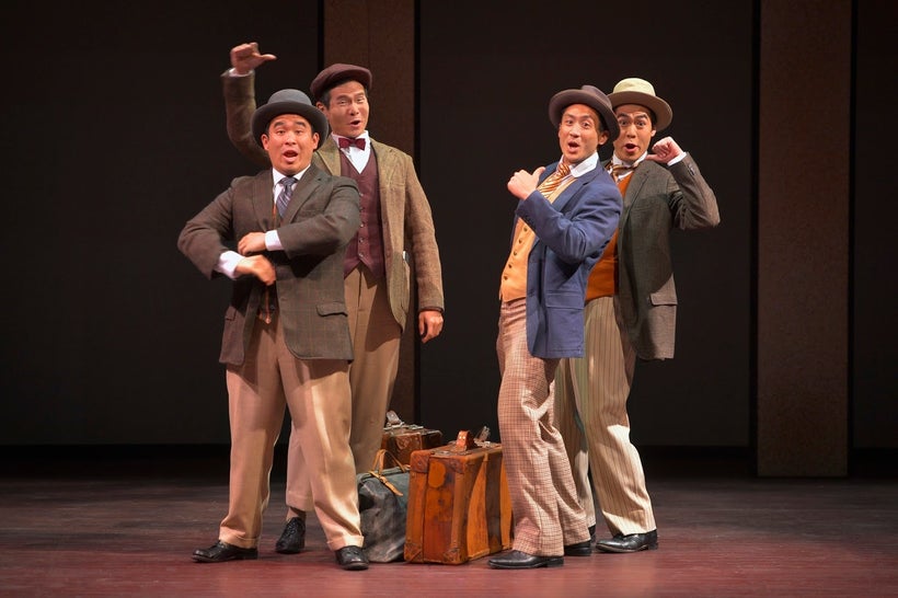Phil Wong (Frank), James Seol (Henry), Hansel Tan (Charlie), and Sean Fenton (Fred) in a scene from <strong><em>The Four Immi