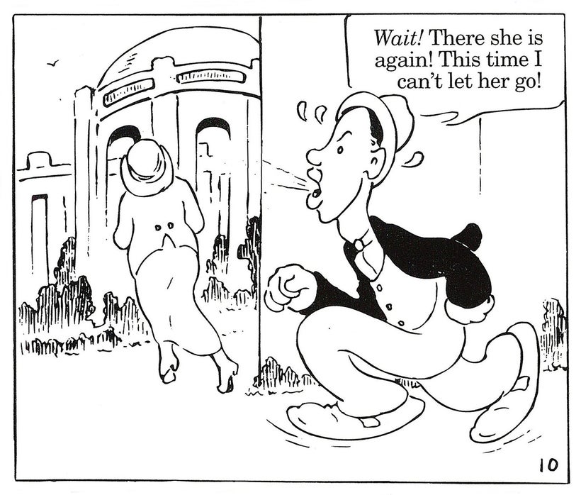 A cartoon by Henry Yoshitaka Kiyama shows a young Japanese man
pursuing a woman near the Palace of Fine Arts during the 1915