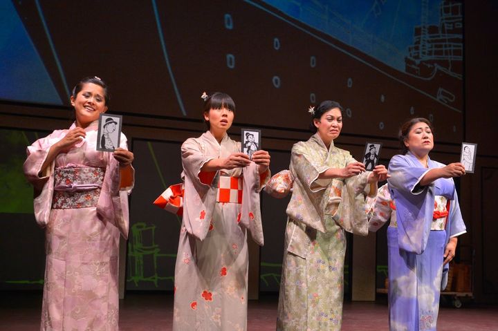 Catherine Gloria, Lindsay Hirata, Rinabeth Apostol, and Kerry Keiko Carnahan appear as four mail-order brides in a scene from The Four Immigrants 