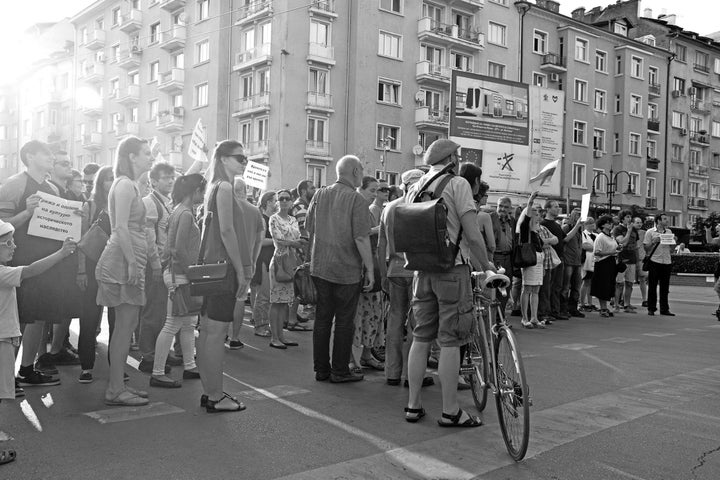 Demonstrators during a protest against the destruction of the 1300 Years of Bulgaria monument.