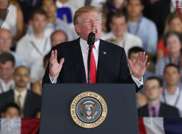 President Donald Trump speaks during the commissioning of the USS Gerald R. Ford aircraft carrier on Saturday in Norfolk, Virginia.