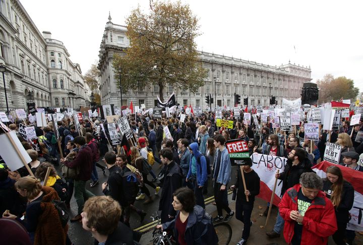 Students during a protest calling for the abolition of tuition fees and an end to student debt outside Downing Street