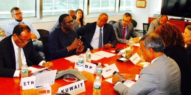 <p><em>Mr Abdoulaye Mar Dieye flanked by the Permanent Representative of Kenya Ambassador Macharia Kamau and the Permanent Representative of Ethiopia, Ambassador Tekeda Alemu said,</em> <em>“The Ethiopia Kenya Cross Border Programme has a high peace and development return”. </em> </p>
