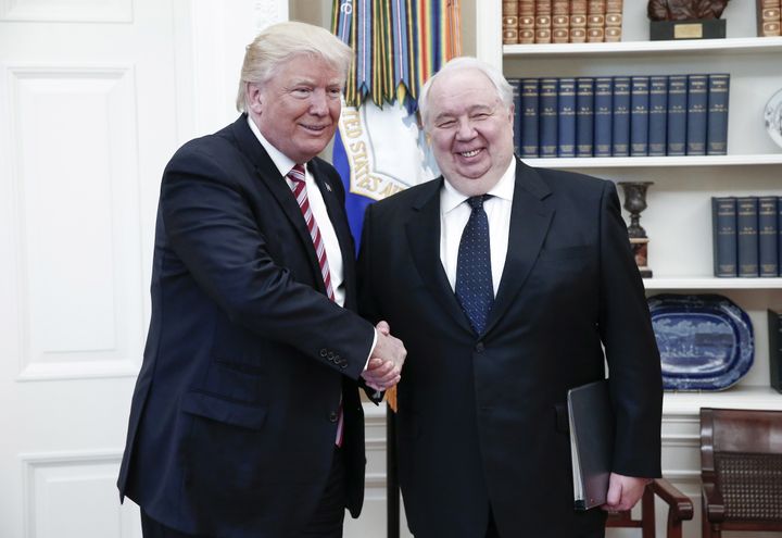 US President Donald Trump (L) shakes hands with Russian Ambassador to the United States Sergei Kislyak. 