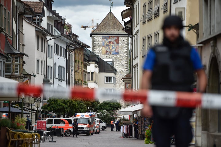 Police and ambulance cars in the old quarter of Schaffhausen on Monday