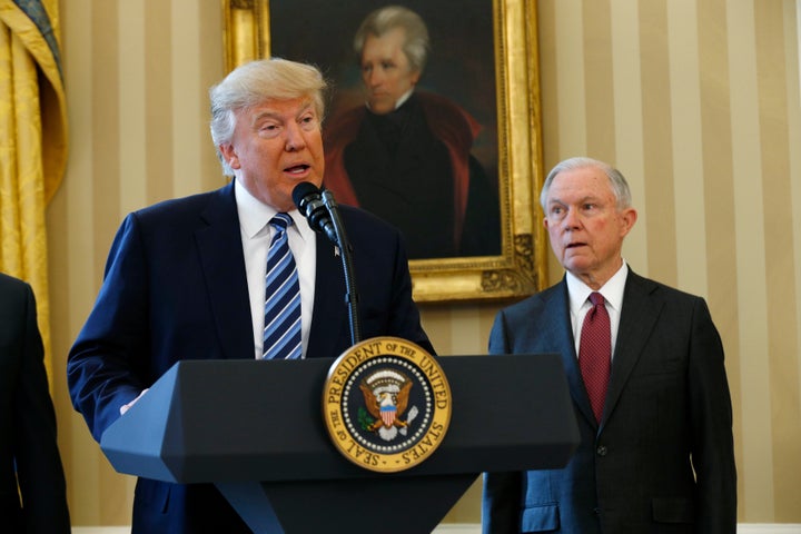 U.S. President Donald Trump speaks during a swearing-in ceremony for new Attorney General Jeff Sessions (R) at the White House in Washington, U.S., February 9, 2017. 