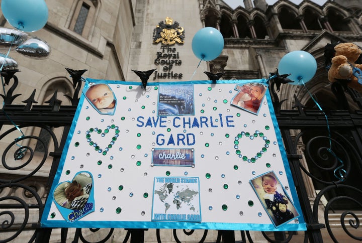 A poster in support of Charlie outside the Royal Courts of Justice in London 