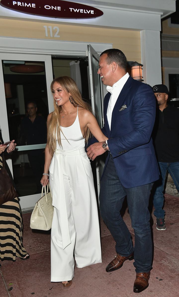 Jennifer Lopez and Alex Rodriguez attend Prime 112 Restaurant on July 23 in Miami, Florida.