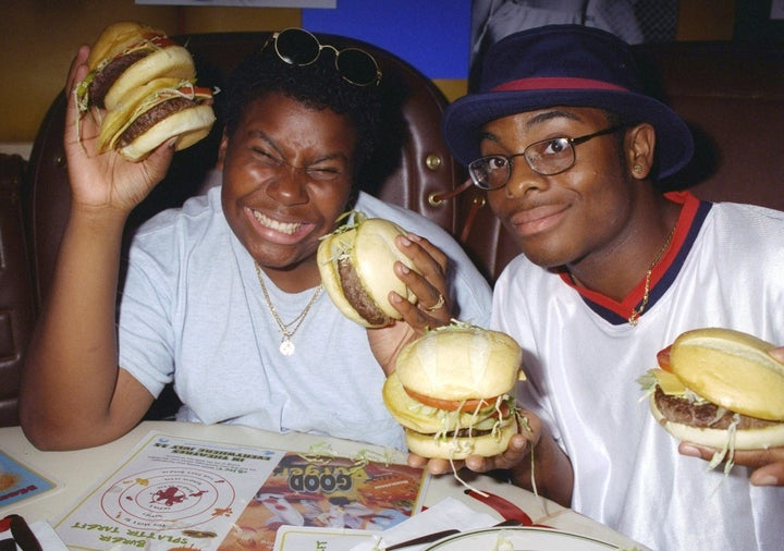 Kenan Thompson and Kel Mitchell pose at a screening party for "Good Burger" in 1997.