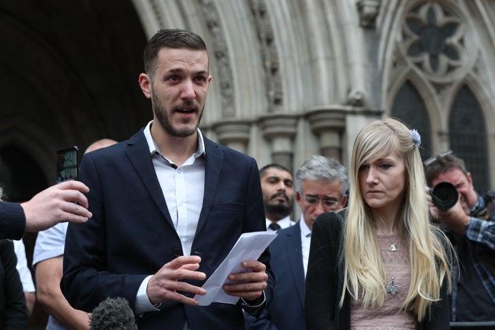 Chris Gard and Connie Yates speaking outside the High Court in London on Monday