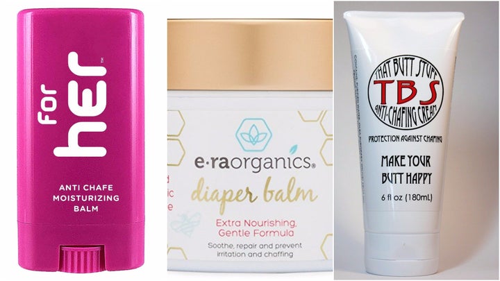 L to R: <a href="https://www.target.com/p/body-glide-for-her-anti-chafe-moisturizing-balm-0-5-oz/-/A-50790803?sid=1139S&ref=tgt_adv_XS000000&AFID=google_pla_df&CPNG=PLA_Sports+Shopping_Local&adgroup=SC_Sports_Local&LID=700000001170770pgs&network=g&device=c&location=9004341&gclid=EAIaIQobChMIiKmOt8ui1QIV3lcNCh25pAt5EAQYBCABEgJf9_D_BwE&gclsrc=aw.ds" target="_blank">Body Glide For Her Anti Chafe & Moisturizing Balm </a>made with plant-derived ingredients and rich in Rich in Vitamins A, B, E and F, $7.49, <a href="https://www.amazon.com/gp/product/B01942P6MG?ie=UTF8&camp=1789&creativeASIN=B01942P6MG&linkCode=xm2&tag=bustle765-20" target="_blank">E-Ra Organics diaper balm</a>, certified organic and made with "Sunflower Oil, Beeswax, Cocoa Butter, Coconut Oil, Olive Oil and Chamomile, Calendula and more," $14.99, <a href="https://www.amazon.com/Anti-Chafing-Cream-Natural-Chamois/dp/B002TIIGIO" target="_blank">That Butt Stuff anti-chafing cream</a> made with "all natural plant based oils," $24.06