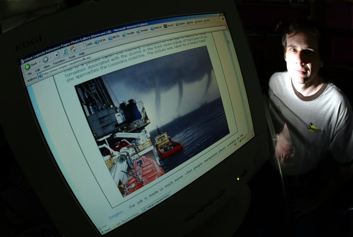 Snopes owner David Mikkelson poses next to a doctored storm photo. He is at the center of a legal battle for control over the popular fact-checking site.