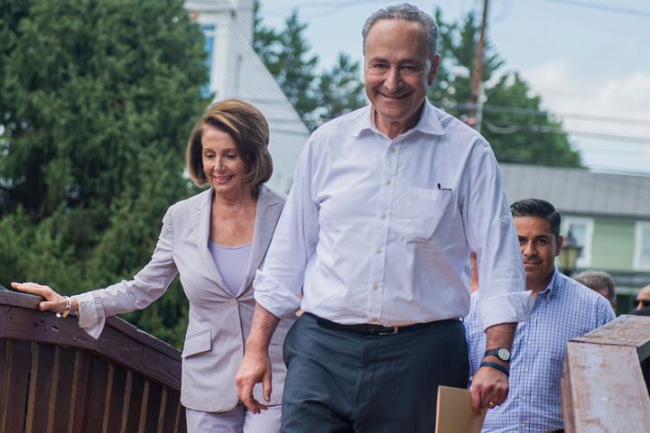 House Minority Leader Nancy Pelosi (D-Calif.), left, Senate Minority Leader Chuck Schumer (D-N.Y.), and other Democrats arrive to introduce "A Better Deal" in Berryville, Virginia. 