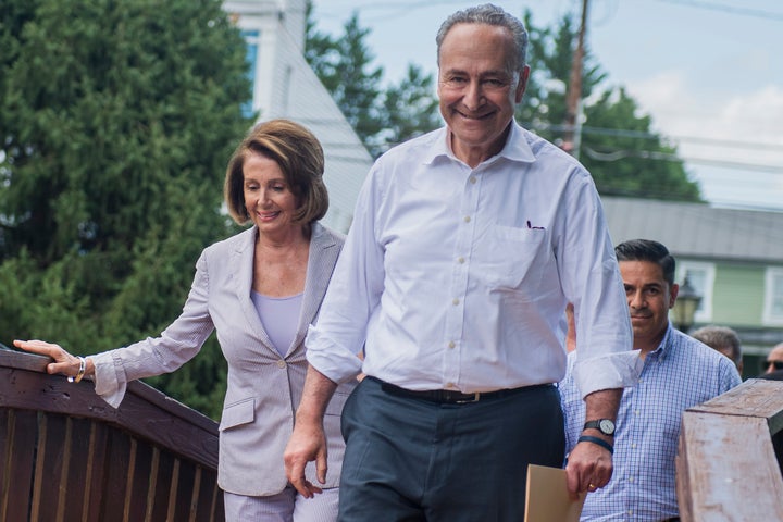 House Minority Leader Nancy Pelosi (D-Calif.), left, Senate Minority Leader Chuck Schumer (D-N.Y.), and other Democrats arrive to introduce "A Better Deal" in Berryville, Virginia.