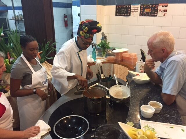 <p>in the kitchen of the Graycliff with Chef Elijah Bowe and our companion, Ianthia Smith</p>