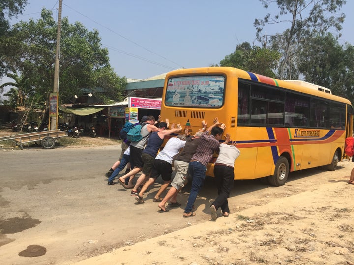 Mishaps can find you anywhere. You can find yourself pushing a broken bus from Cambodia to Vietnamese border under the excruciating sun. 