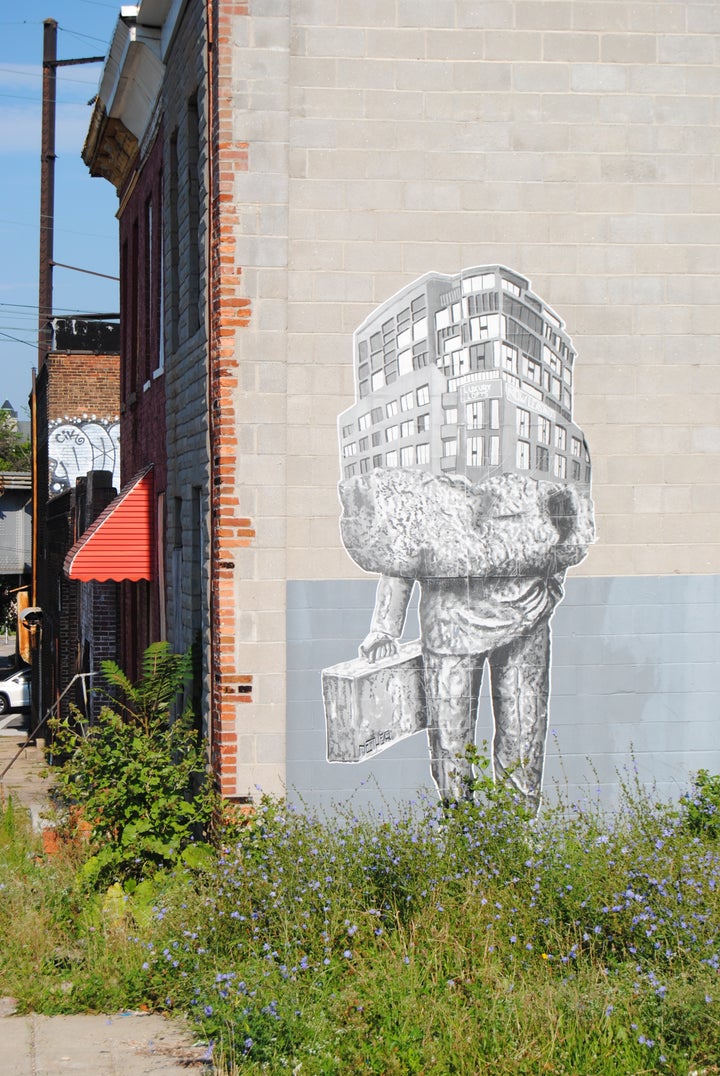 Mural painted in the 88-acre Johns Hopkins Biotech Park; uneven development allows corporations/professionals/bureaucrats to walk away with inequitable benefit again. Nether