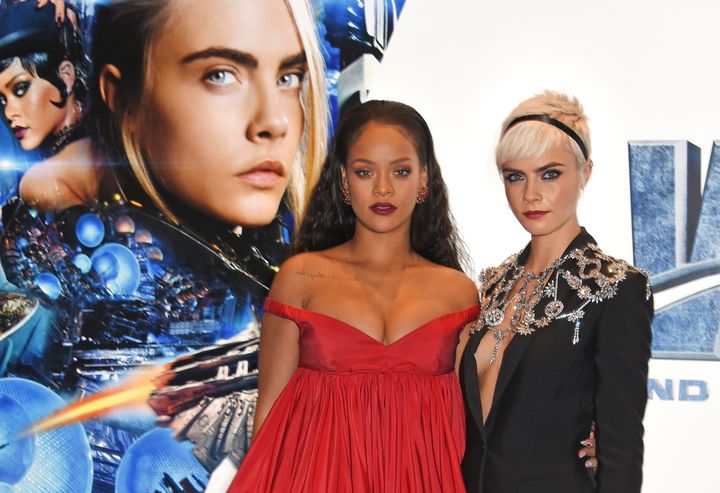 Rihanna and Cara Delevingne attend the European Premiere of 'Valerian And The City Of A Thousand Planets' at Cineworld Leicester Square on 24 July 2017 in London, England.