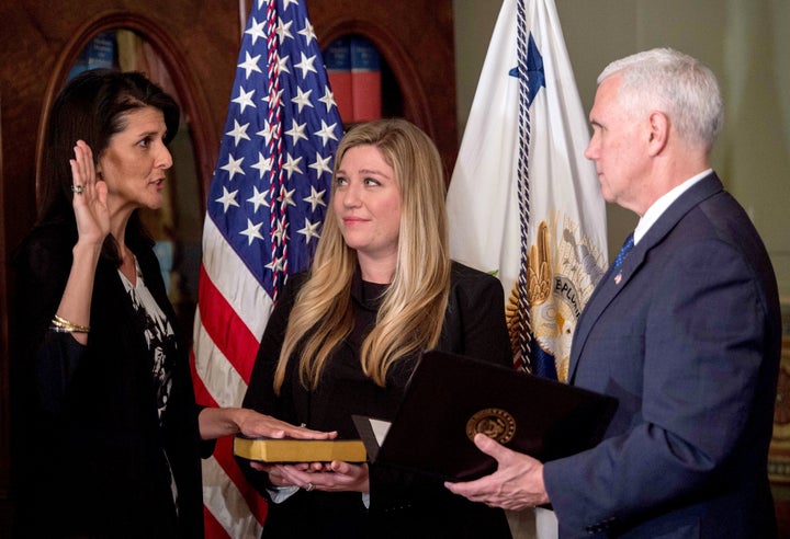 U.S. Vice President Mike Pence (right) swears in Nikki Haley as US ambassador to the United Nations at the Eisenhower Executive Office Building in Washington, D.C., on Jan. 25, 2017 