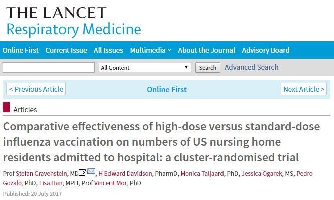 <p>Comparative effectiveness of high-dose versus standard-dose influenza vaccination on numbers of US nursing home residents admitted to hospital: a cluster-randomised trial. </p>