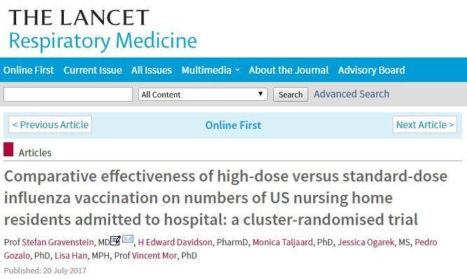 Comparative effectiveness of high-dose versus standard-dose influenza vaccination on numbers of US nursing home residents admitted to hospital: a cluster-randomised trial. 