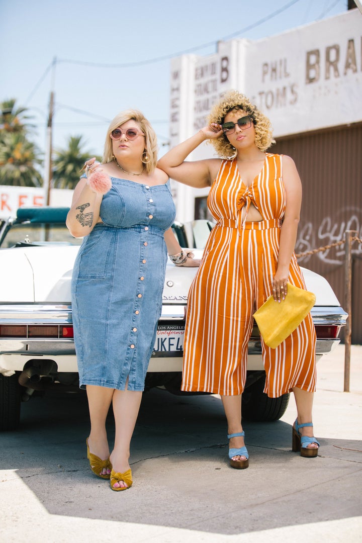 Denim midi dress, $79, Striped tie-front jumpsuit, $79