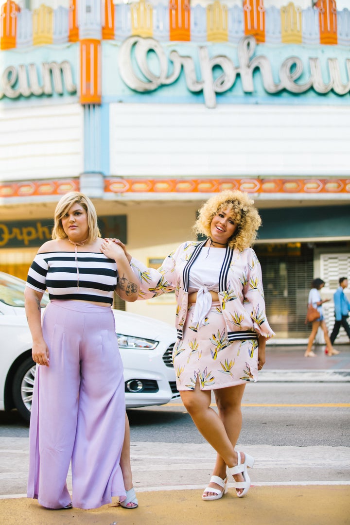 Striped crop top, $45 with lilac slit pants, $69, Birds of Paradise bomber, $79 with Jersey tie-front crop top, $30 and Birds of Paradise skirt, $65