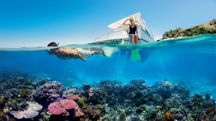 Snorkelers explore Australia’s Great Barrier Reef.