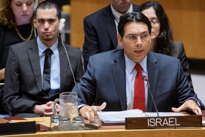 Israel’s UN Ambassador Danon addressing the United Nations Security Council in New York, with Oran Almog sitting behind him 