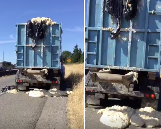 Dough is seen overflowing from a truck alongside an interstate in Washington on Monday.