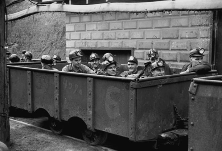 Coal miners in Maidsville, West Virginia, ready to descend into the mines in this 1938 photo. The coal industry has been declining for a number of years, however, leading to fewer jobs in mining.