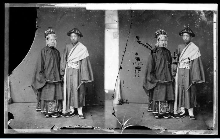 <em>A Cantonese bride and groom in Guangzhou province, China. Photograph by John Thomson, 1869.</em>